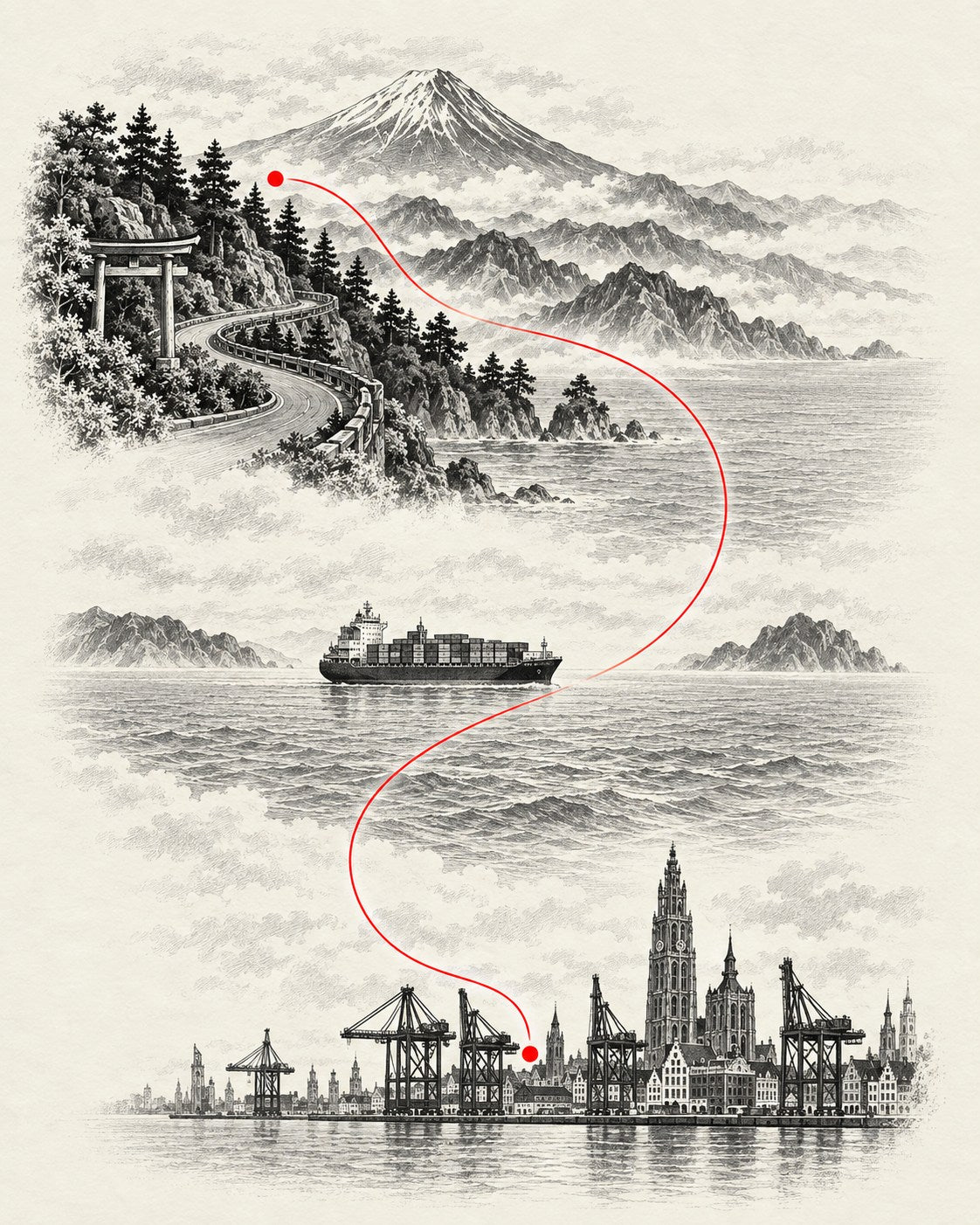 Mount Fuji and a winding Japanese mountain road above a cargo ship and the port of Antwerp, joined by a red route.